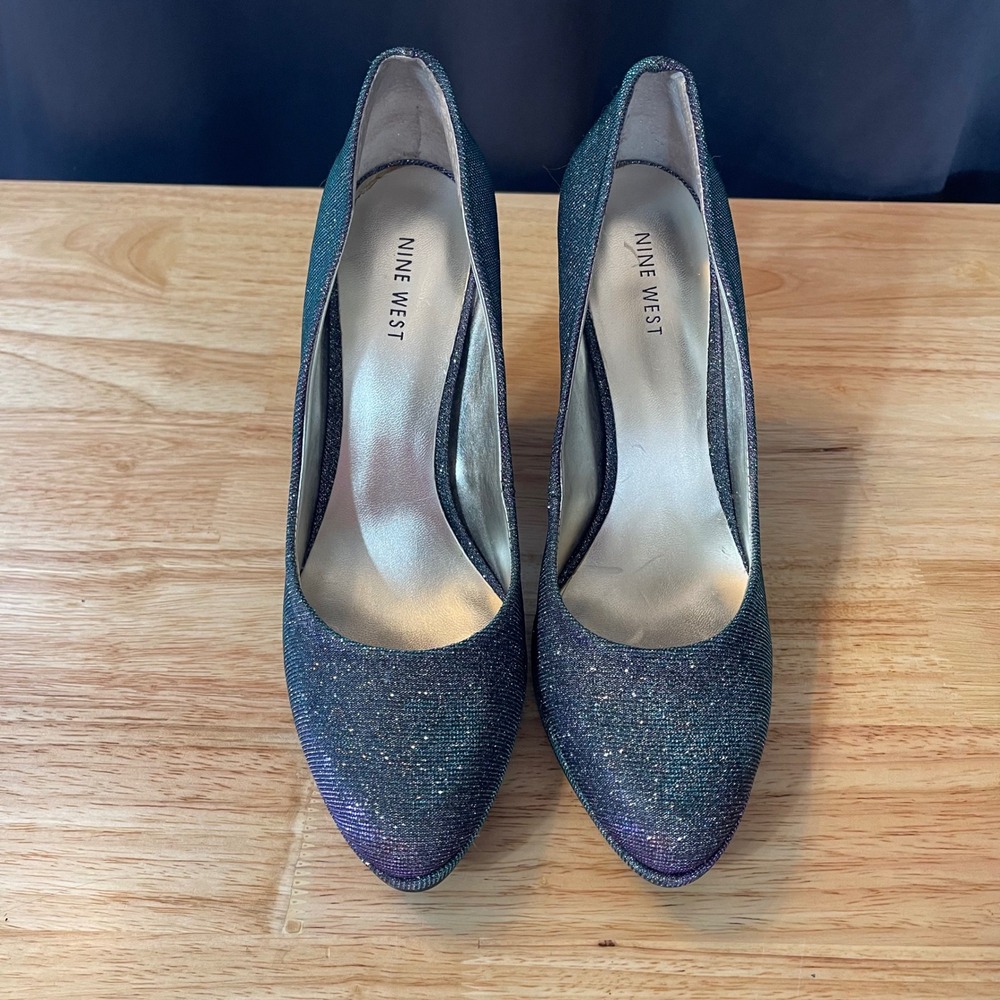Nine West Rocha Iridescent Glitter Platform Pumps Purple Teal Shimmer Heels 10M